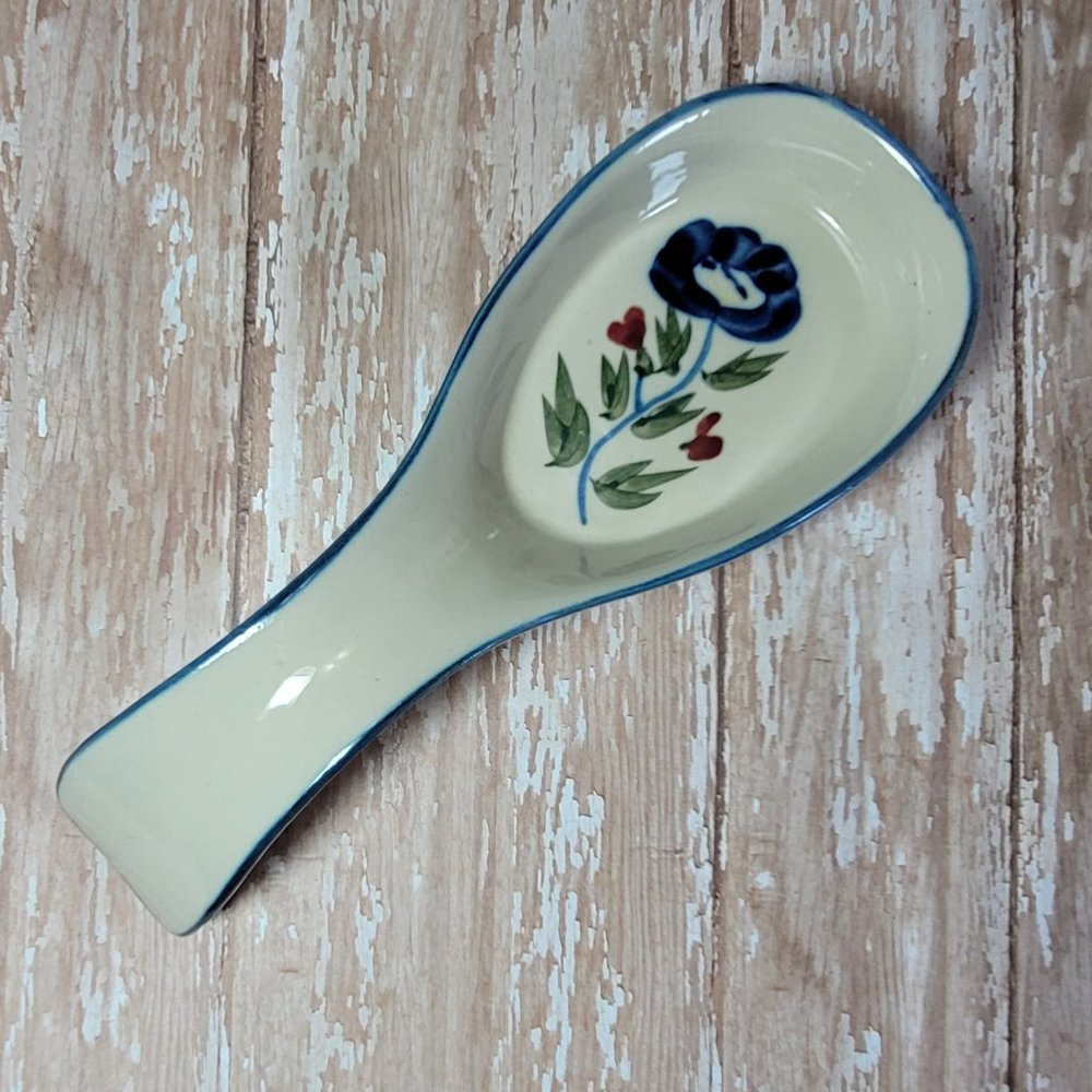 Vintage Spoon Rest Hand Painted Country Cottagecore Blue Stoneware